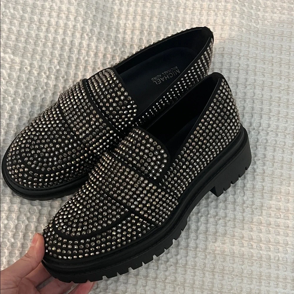 Michael Kors Silver Studded Black Loafers - Picture 1 of 5